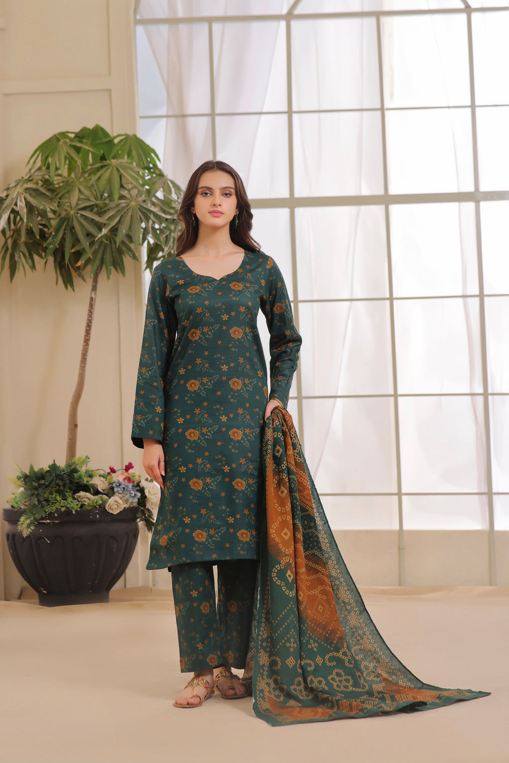 STITCHED 3PC DHANAK PRINTED WITH PRINTED SHAWL-   MELTUM