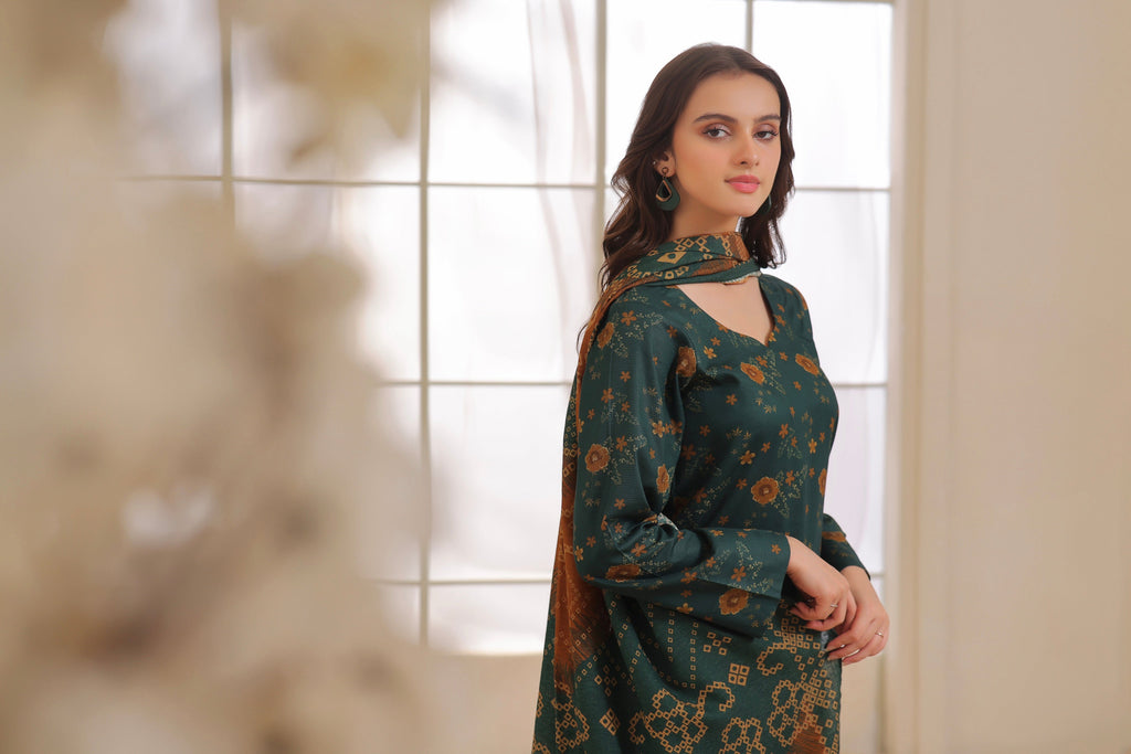STITCHED 3PC DHANAK PRINTED WITH PRINTED SHAWL-   MELTUM