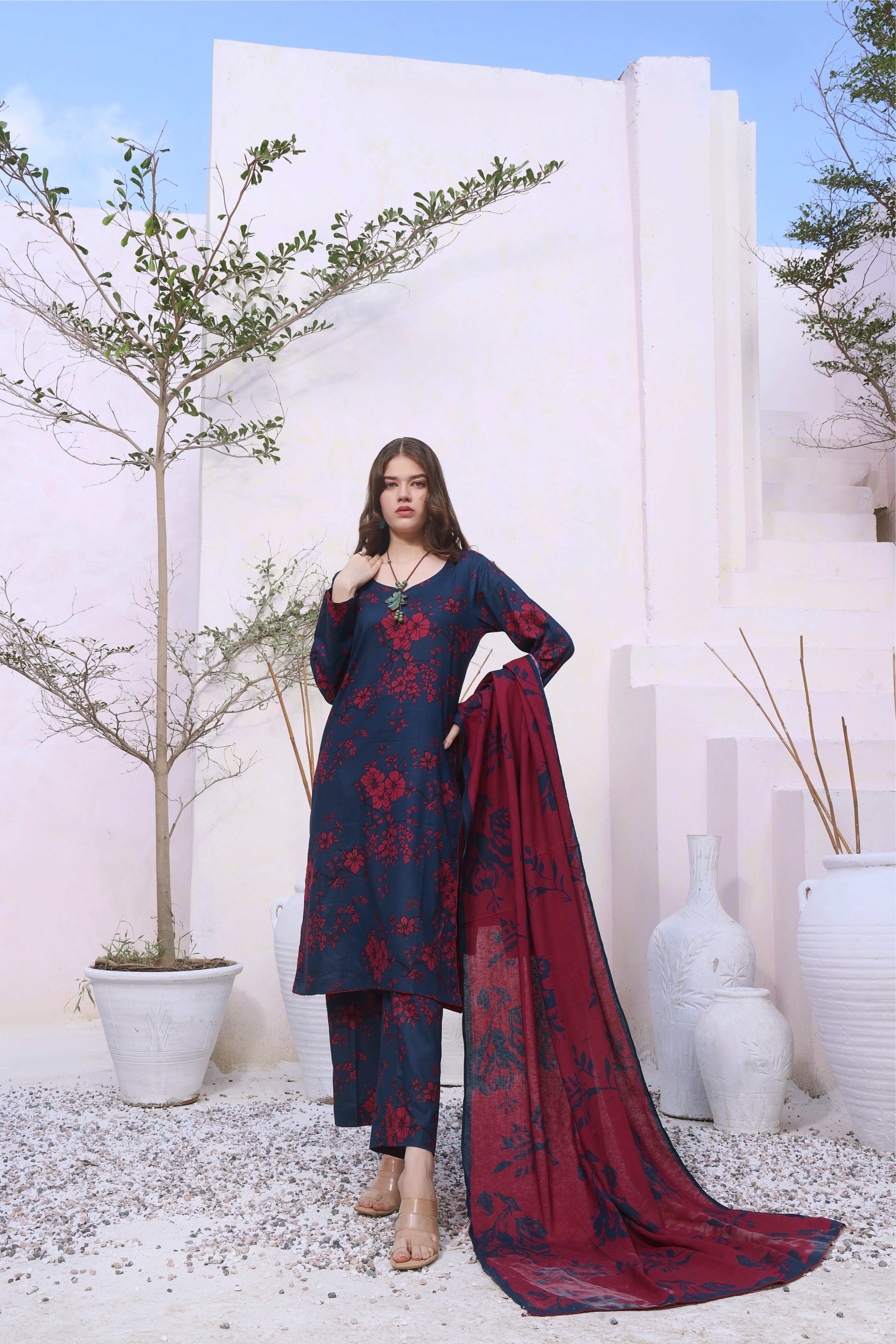 STITCHED 3PC DHANAK PRINTED WITH PRINTED SHAWL-  DIAMOND DUST