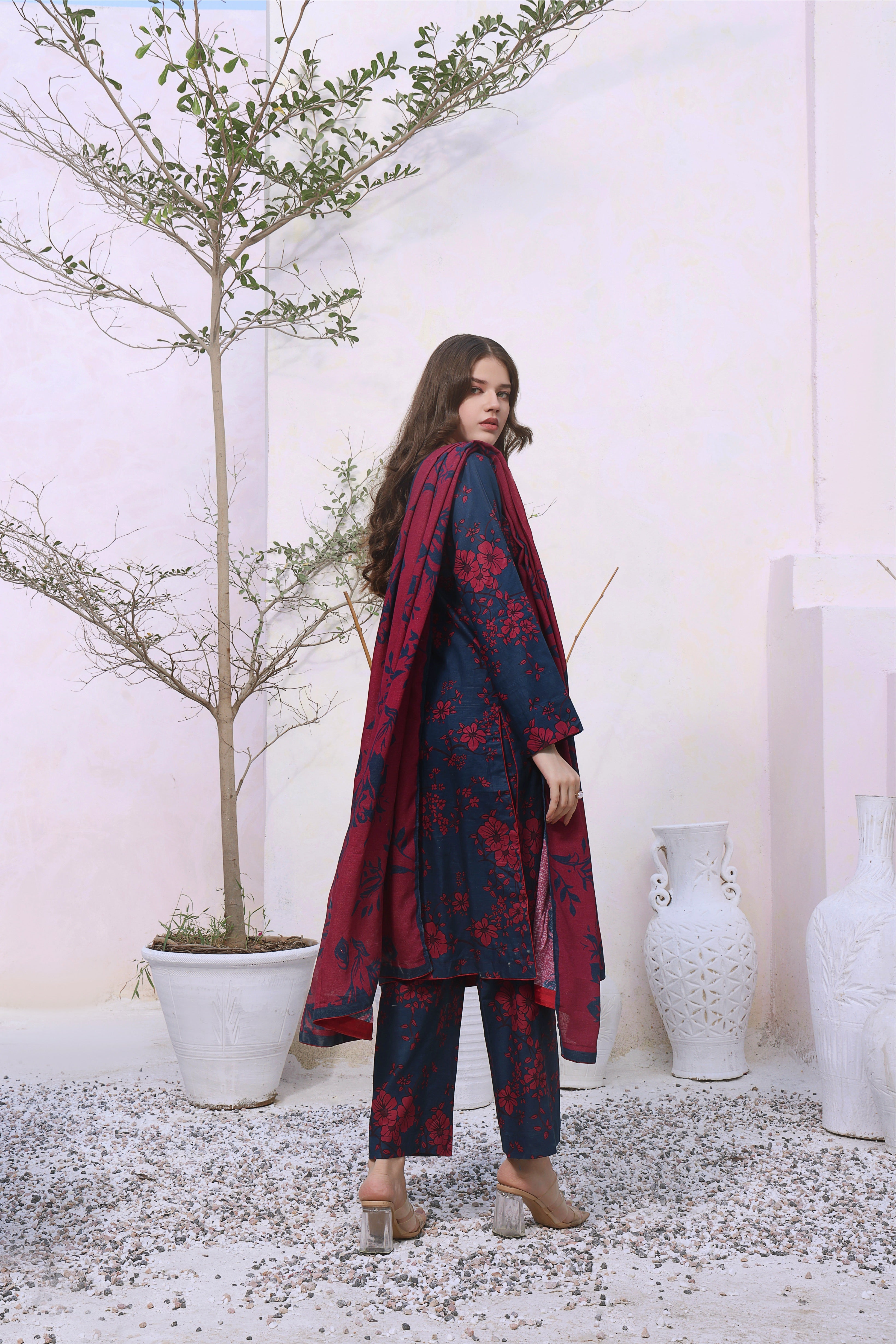 STITCHED 3PC DHANAK PRINTED WITH PRINTED SHAWL-  DIAMOND DUST