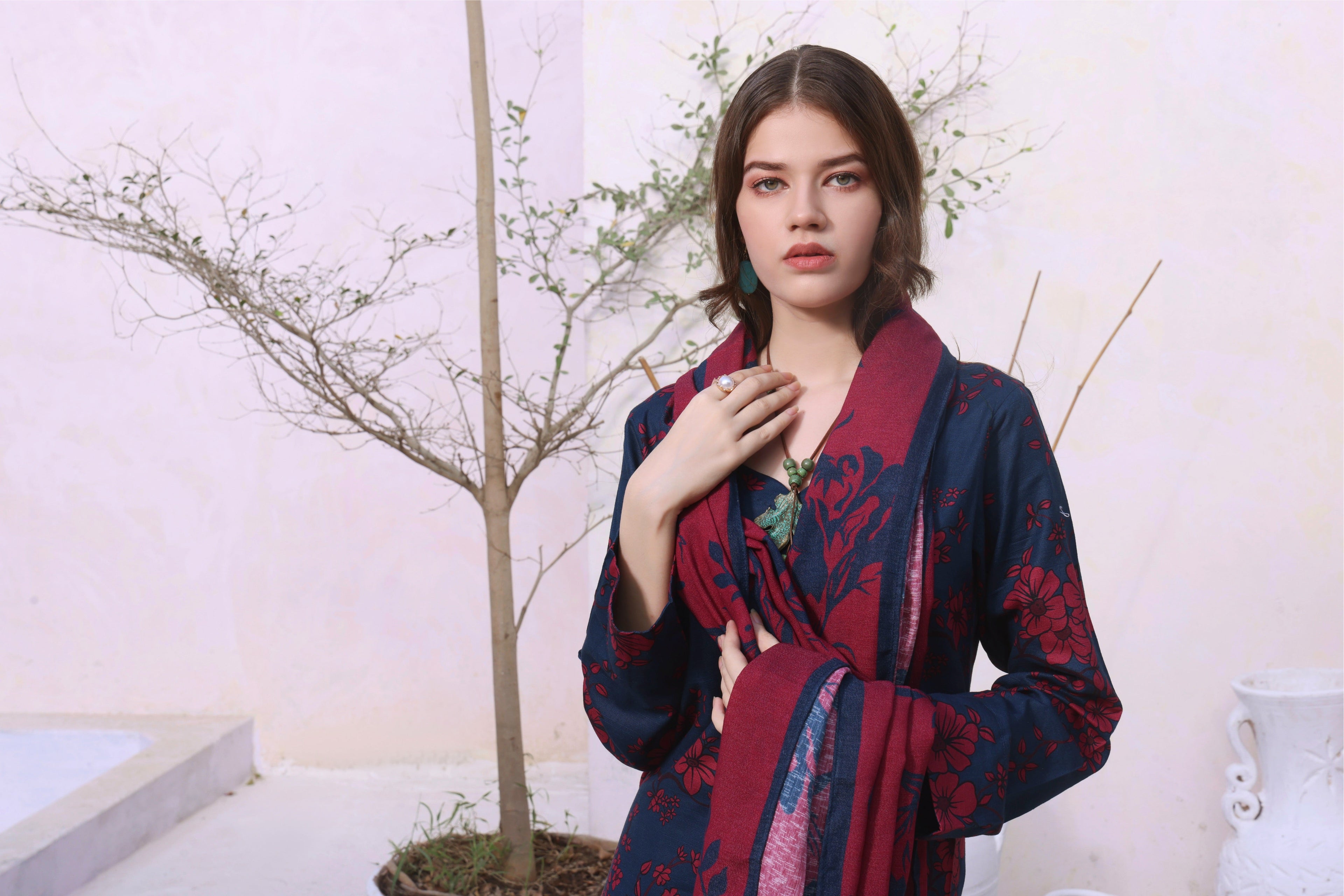 STITCHED 3PC DHANAK PRINTED WITH PRINTED SHAWL-  DIAMOND DUST