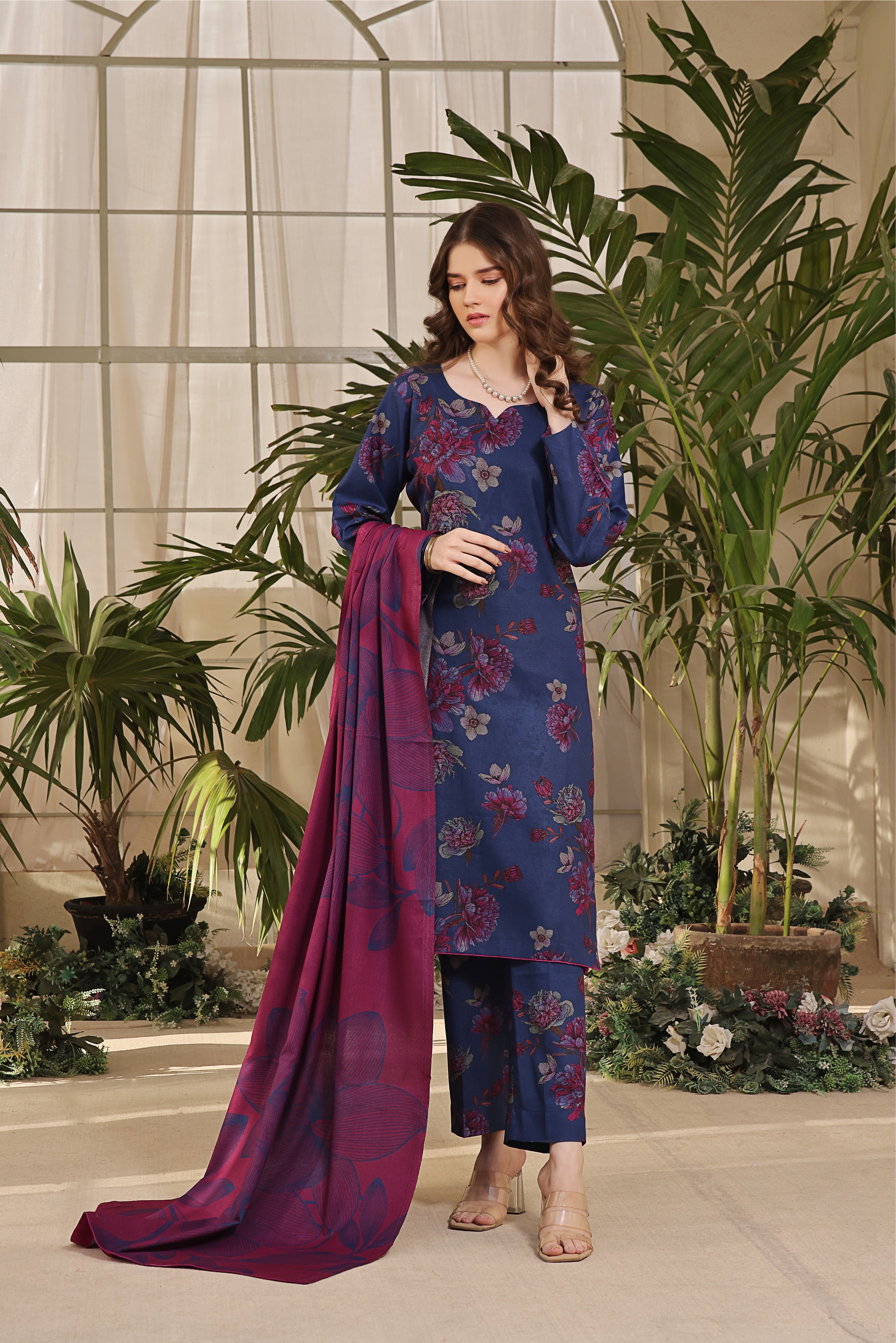 STITCHED 3PC DHANAK PRINTED WITH PRINTED SHAWL- SANDY