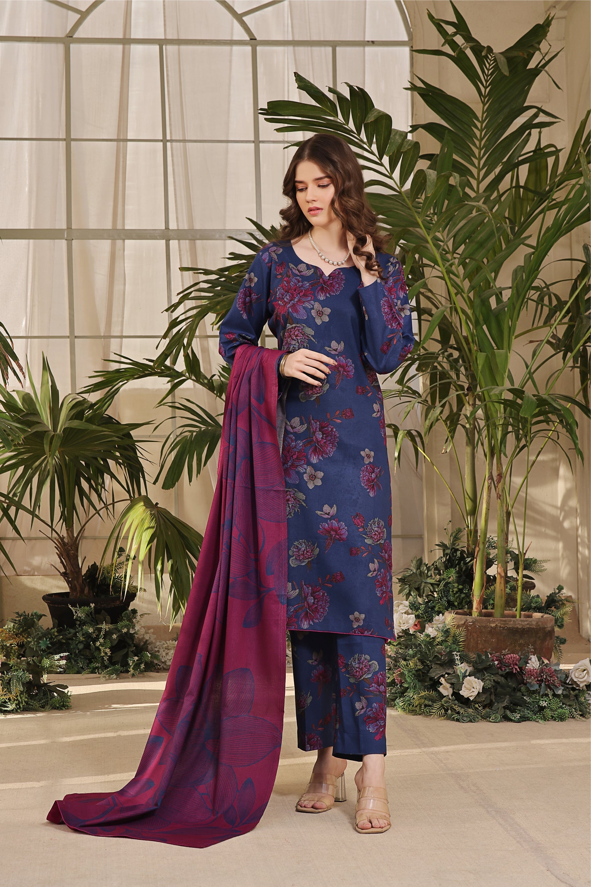 STITCHED 3PC DHANAK PRINTED WITH PRINTED SHAWL- SANDY