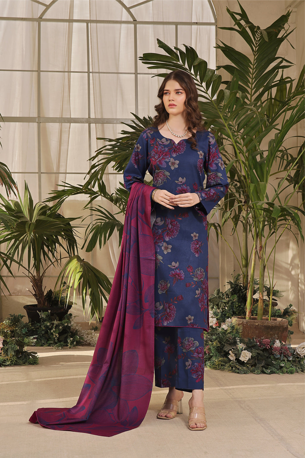 STITCHED 3PC DHANAK PRINTED WITH PRINTED SHAWL- SANDY