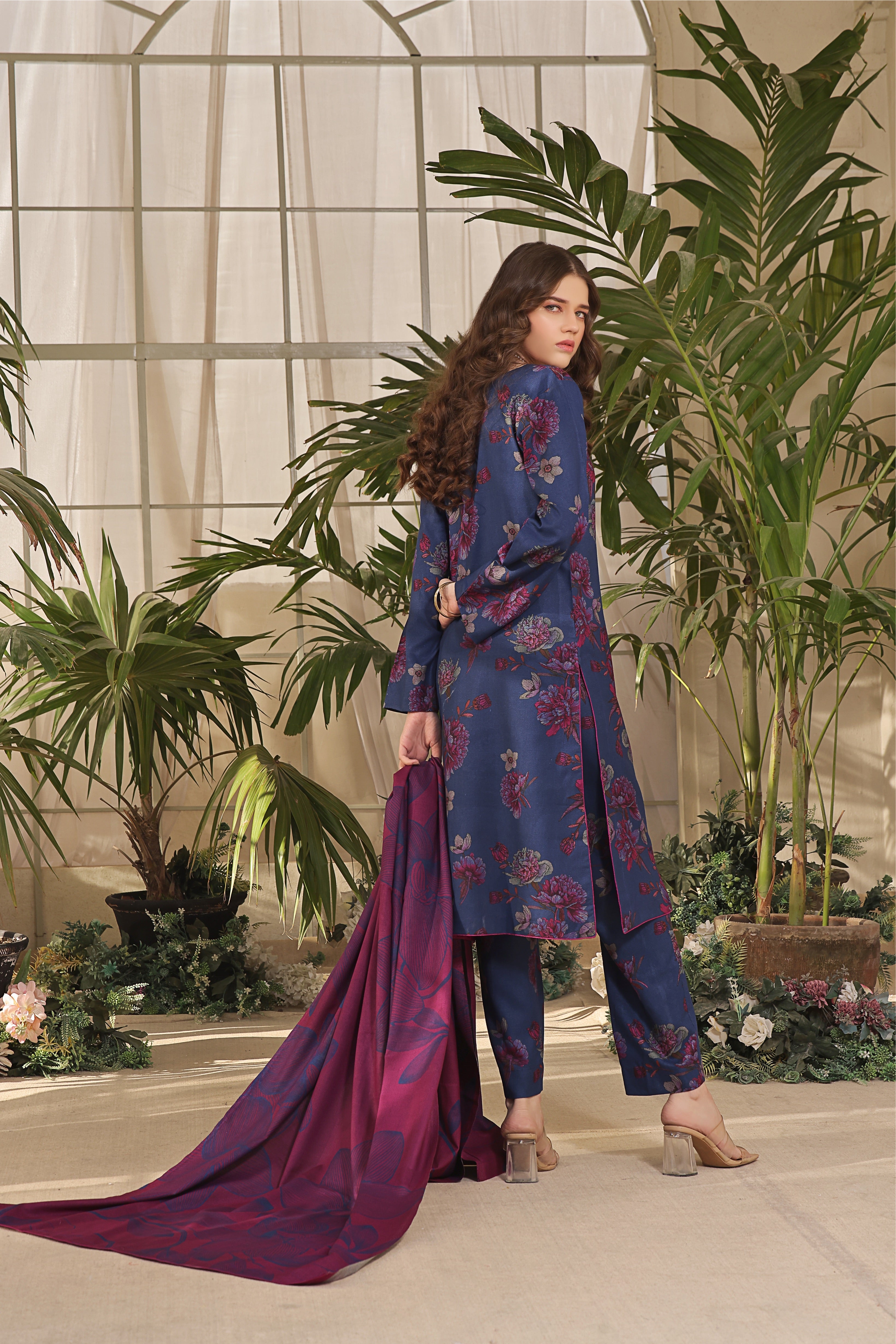 STITCHED 3PC DHANAK PRINTED WITH PRINTED SHAWL- SANDY