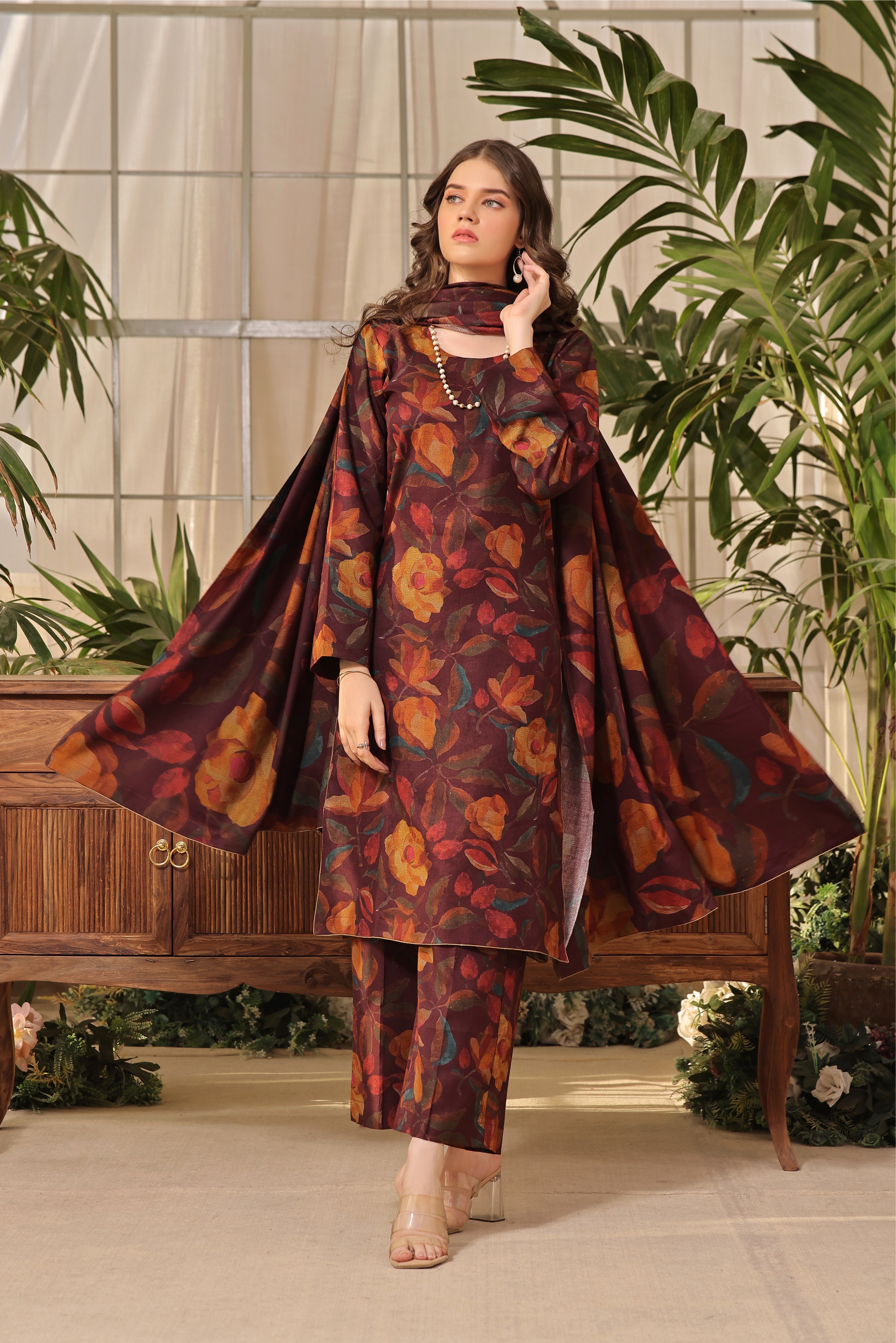 STITCHED 3PC DHANAK PRINTED WITH PRINTED SHAWL-   BREEZE
