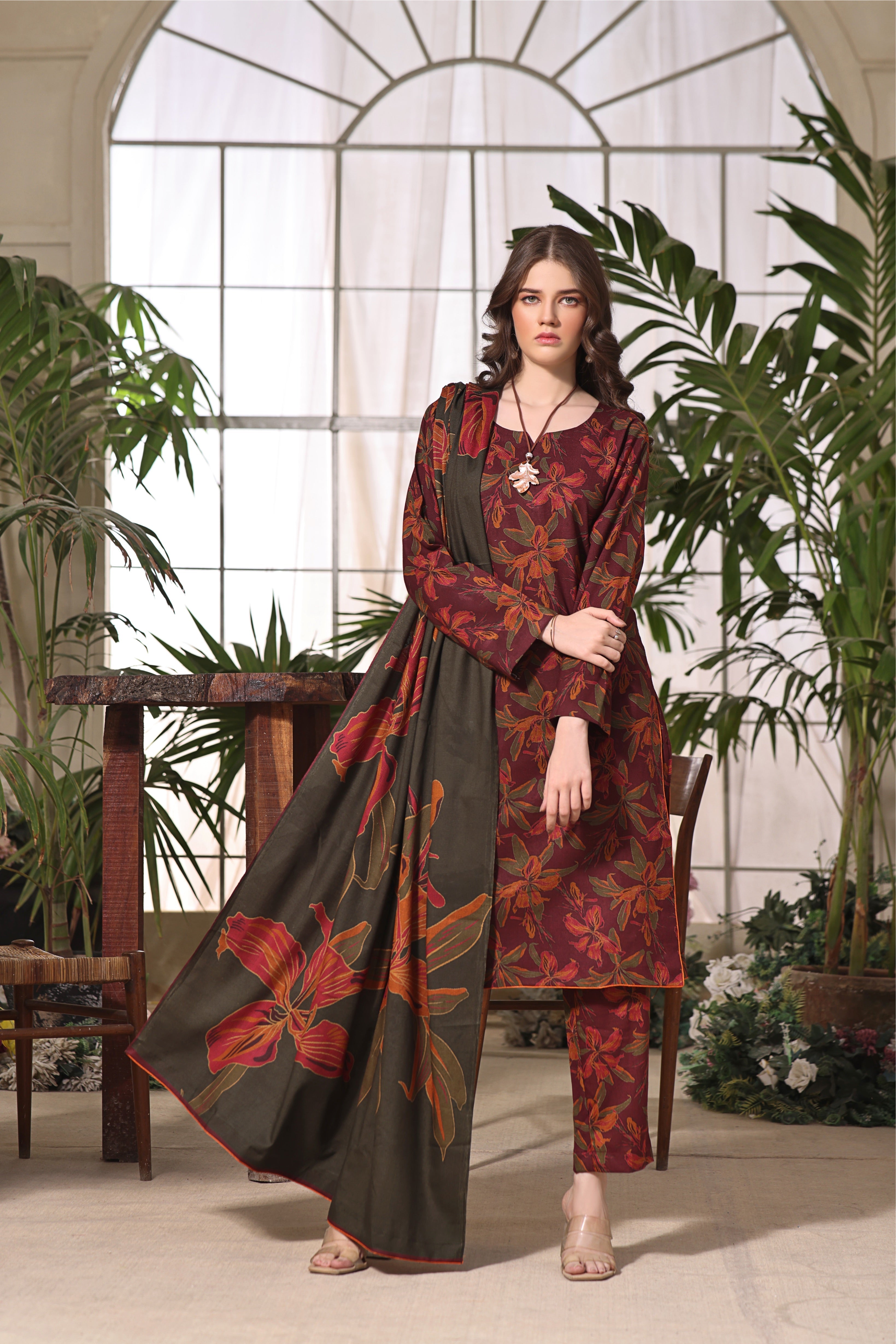 STITCHED 3PC DHANAK PRINTED WITH PRINTED SHAWL-   SWEET PEA