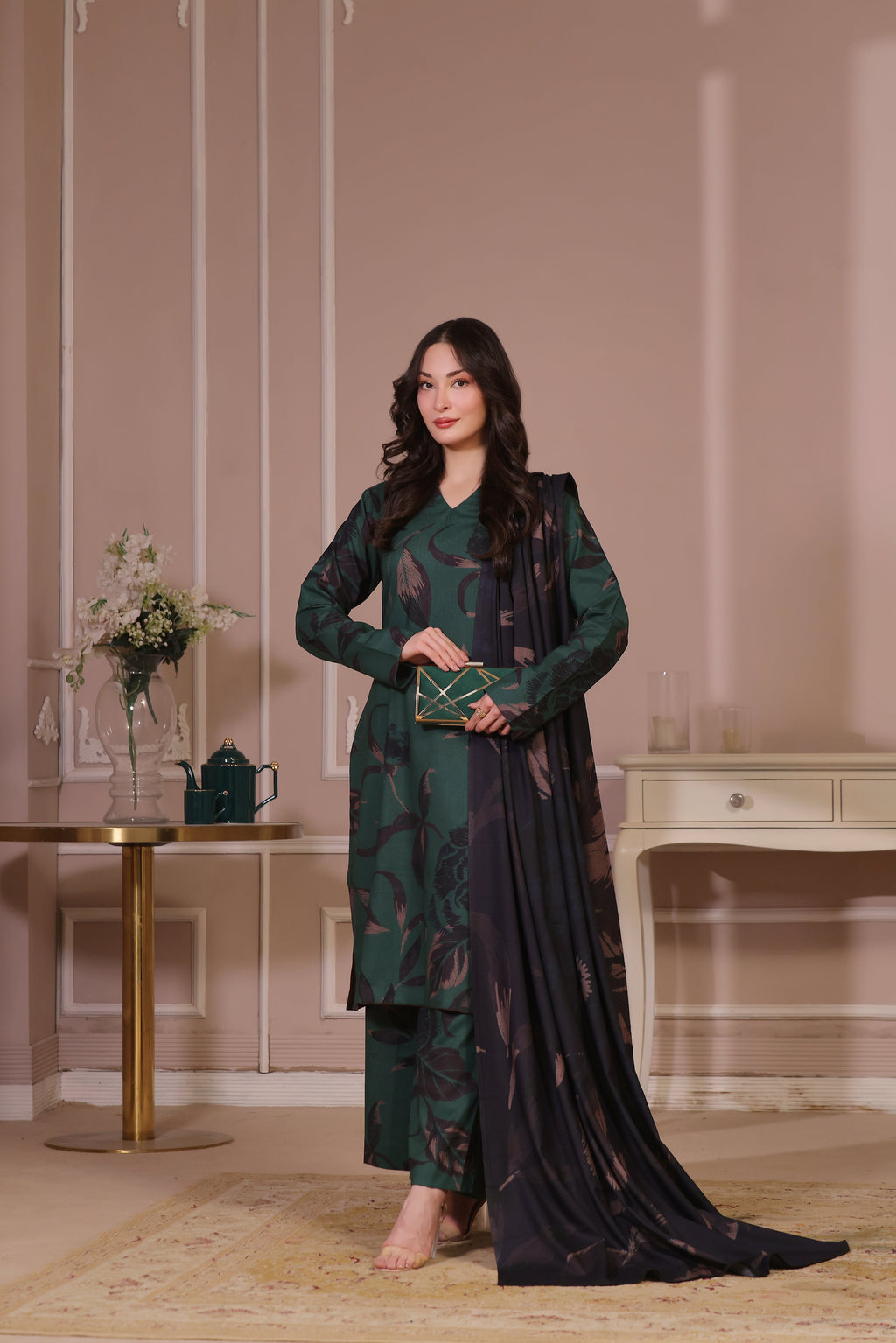 STITCHED 3PC DHANAK PRINTED WITH PRINTED SHAWL- WILLOW