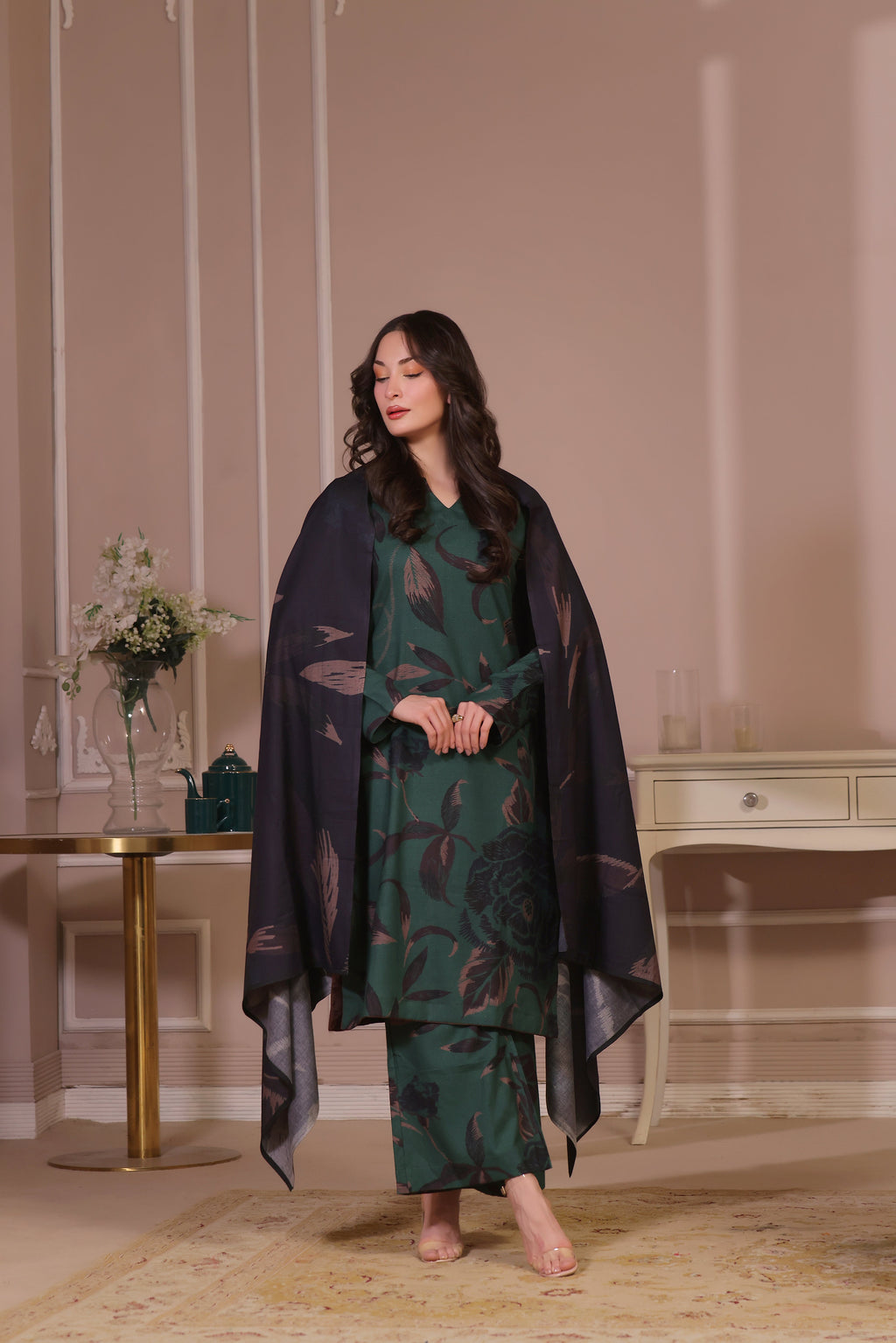 STITCHED 3PC DHANAK PRINTED WITH PRINTED SHAWL- WILLOW