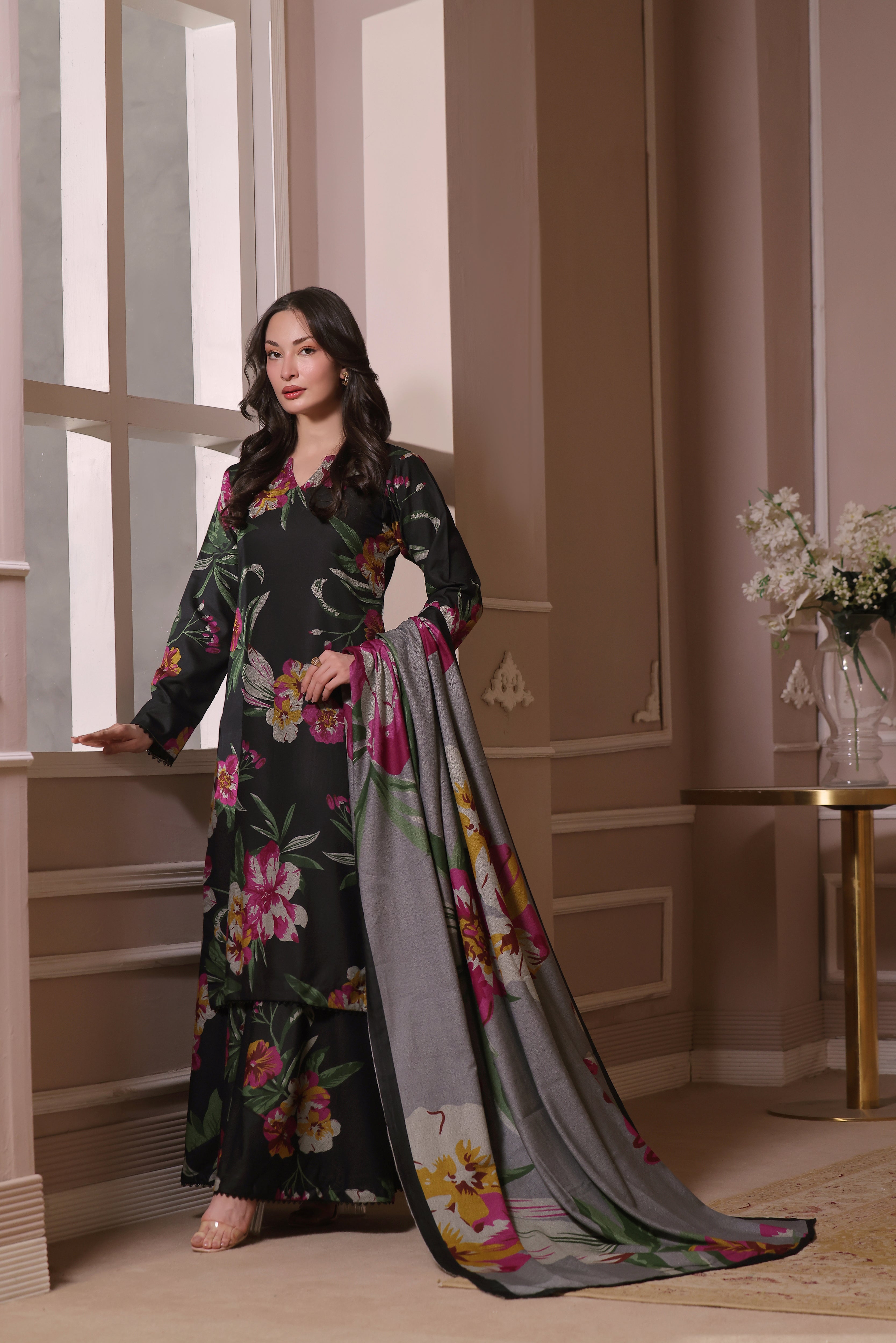 STITCHED 3PC DHANAK PRINTED WITH PRINTED SHAWL-  GYPSY MOON