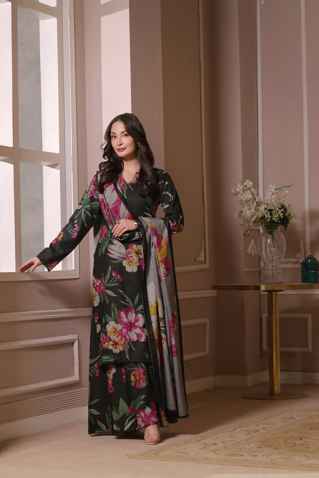 STITCHED 3PC DHANAK PRINTED WITH PRINTED SHAWL-  GYPSY MOON