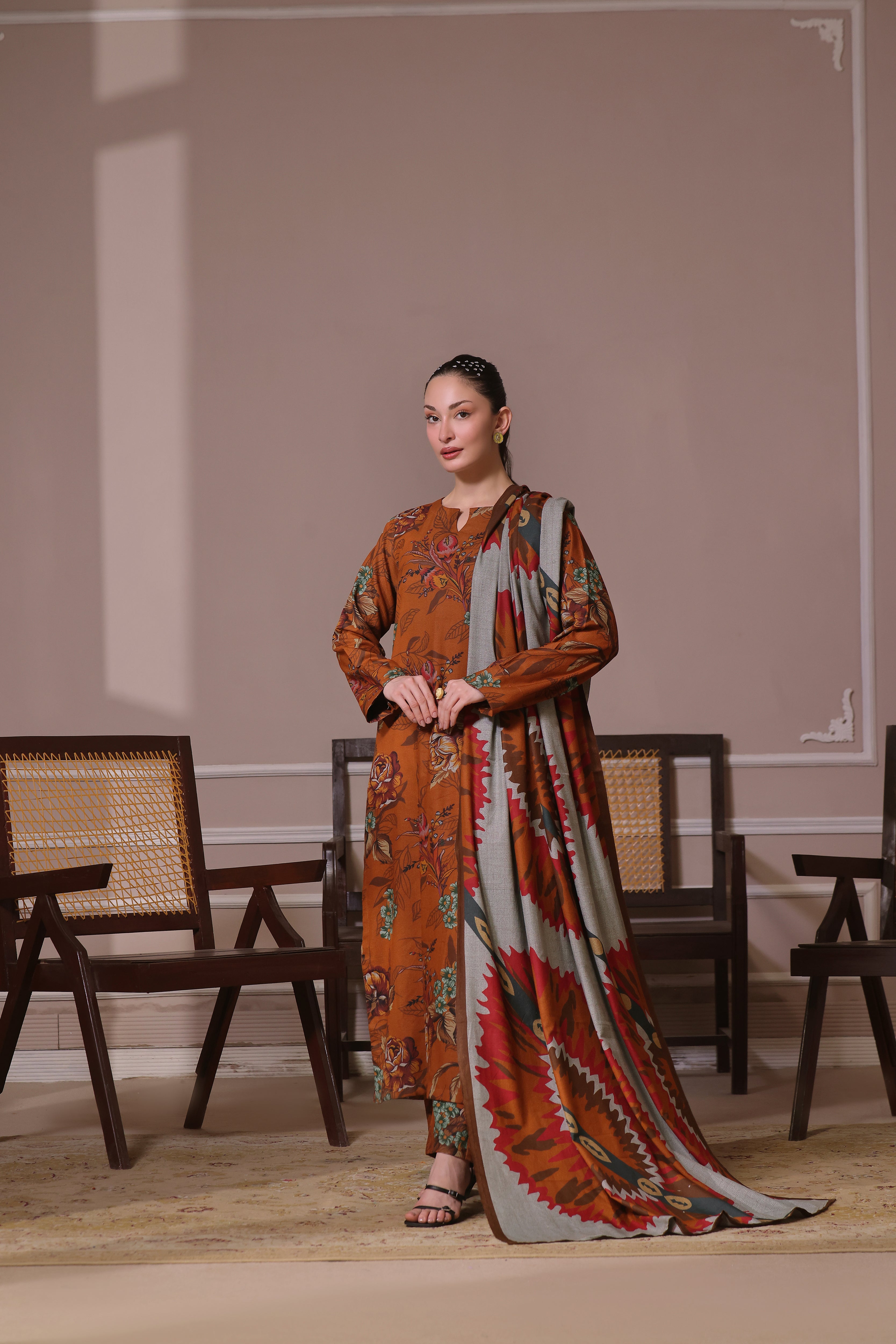 STITCHED 3PC DHANAK PRINTED WITH PRINTED SHAWL- EMERALD ISLE