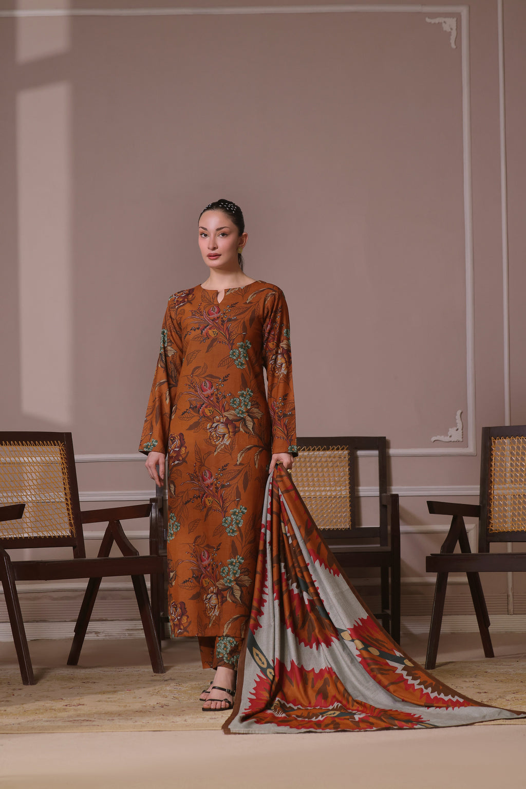STITCHED 3PC DHANAK PRINTED WITH PRINTED SHAWL- EMERALD ISLE