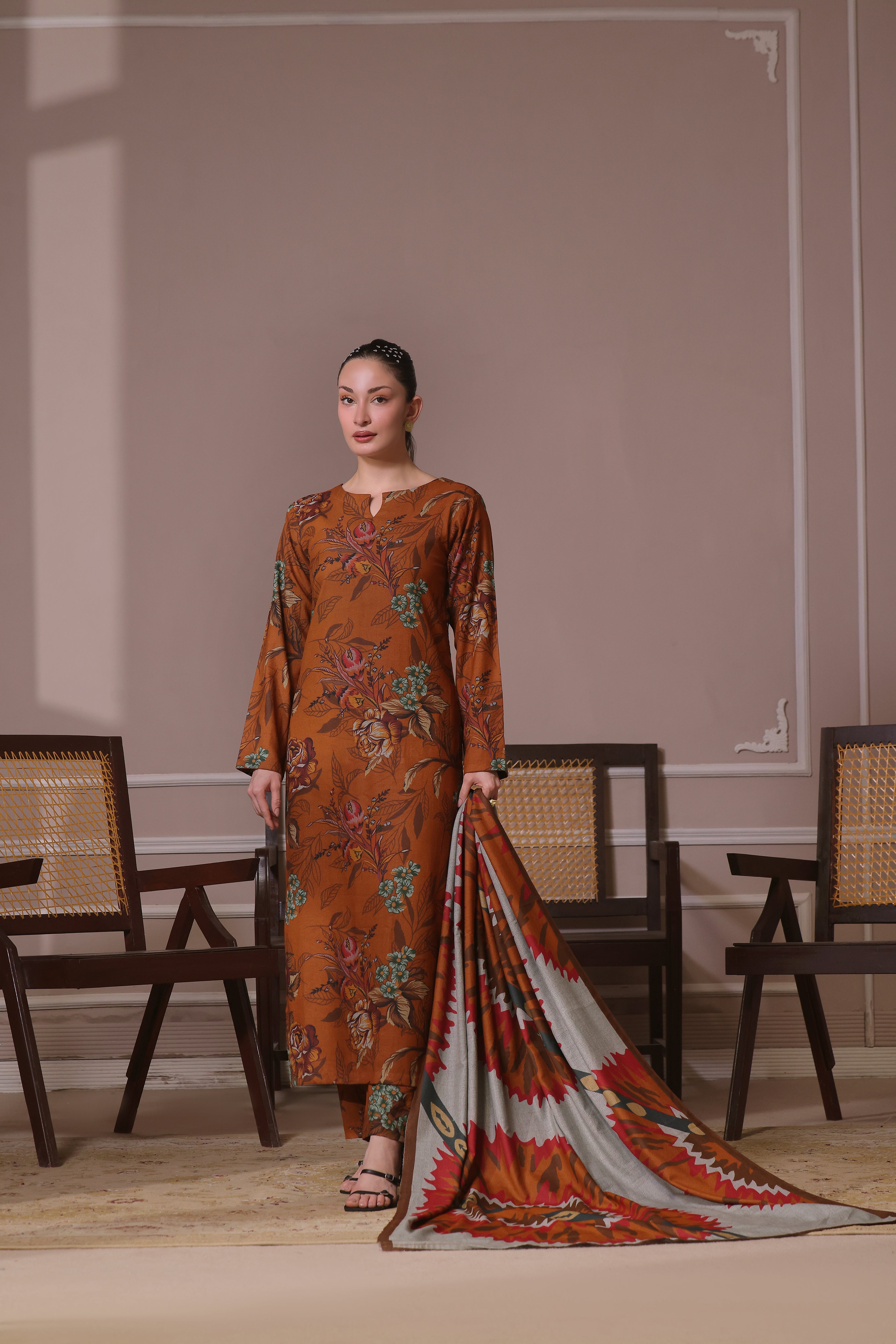 STITCHED 3PC DHANAK PRINTED WITH PRINTED SHAWL- EMERALD ISLE