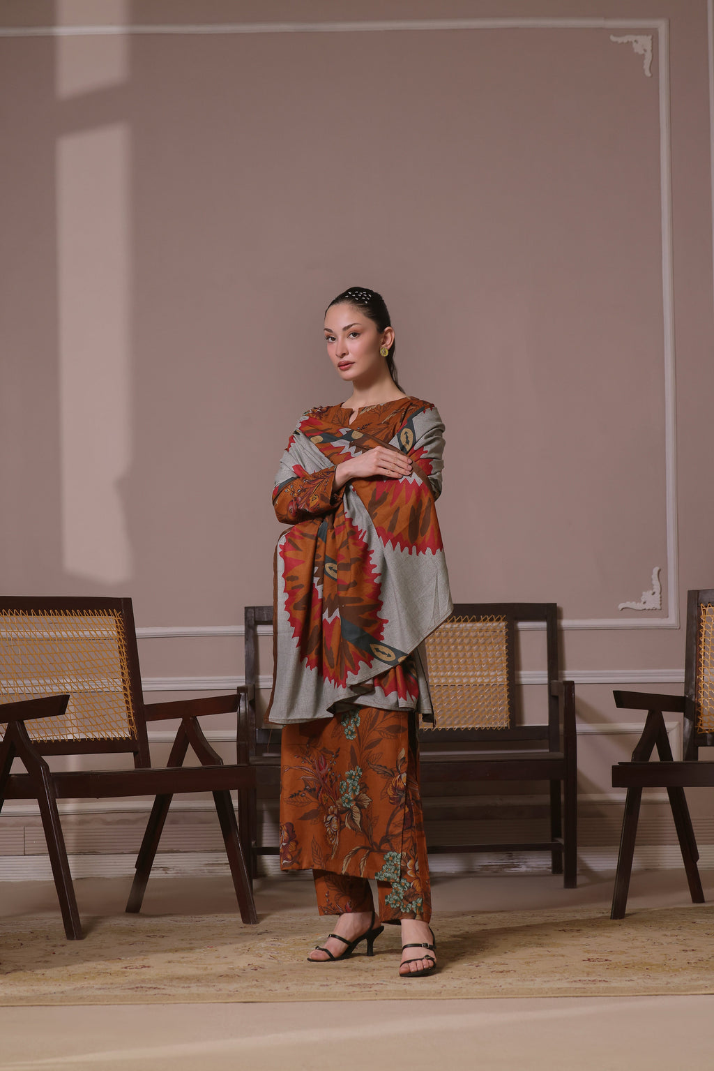 STITCHED 3PC DHANAK PRINTED WITH PRINTED SHAWL- EMERALD ISLE