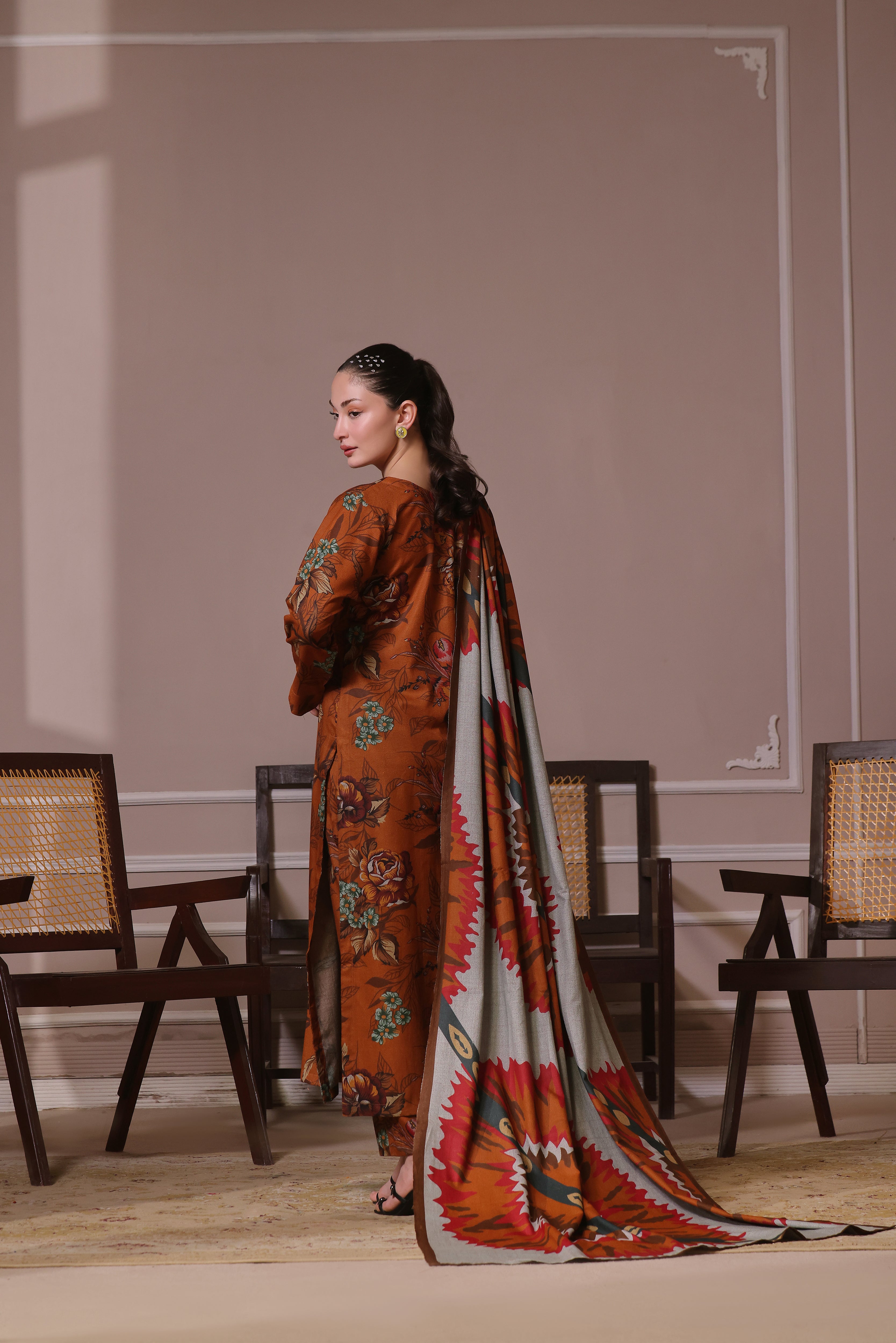 STITCHED 3PC DHANAK PRINTED WITH PRINTED SHAWL- EMERALD ISLE