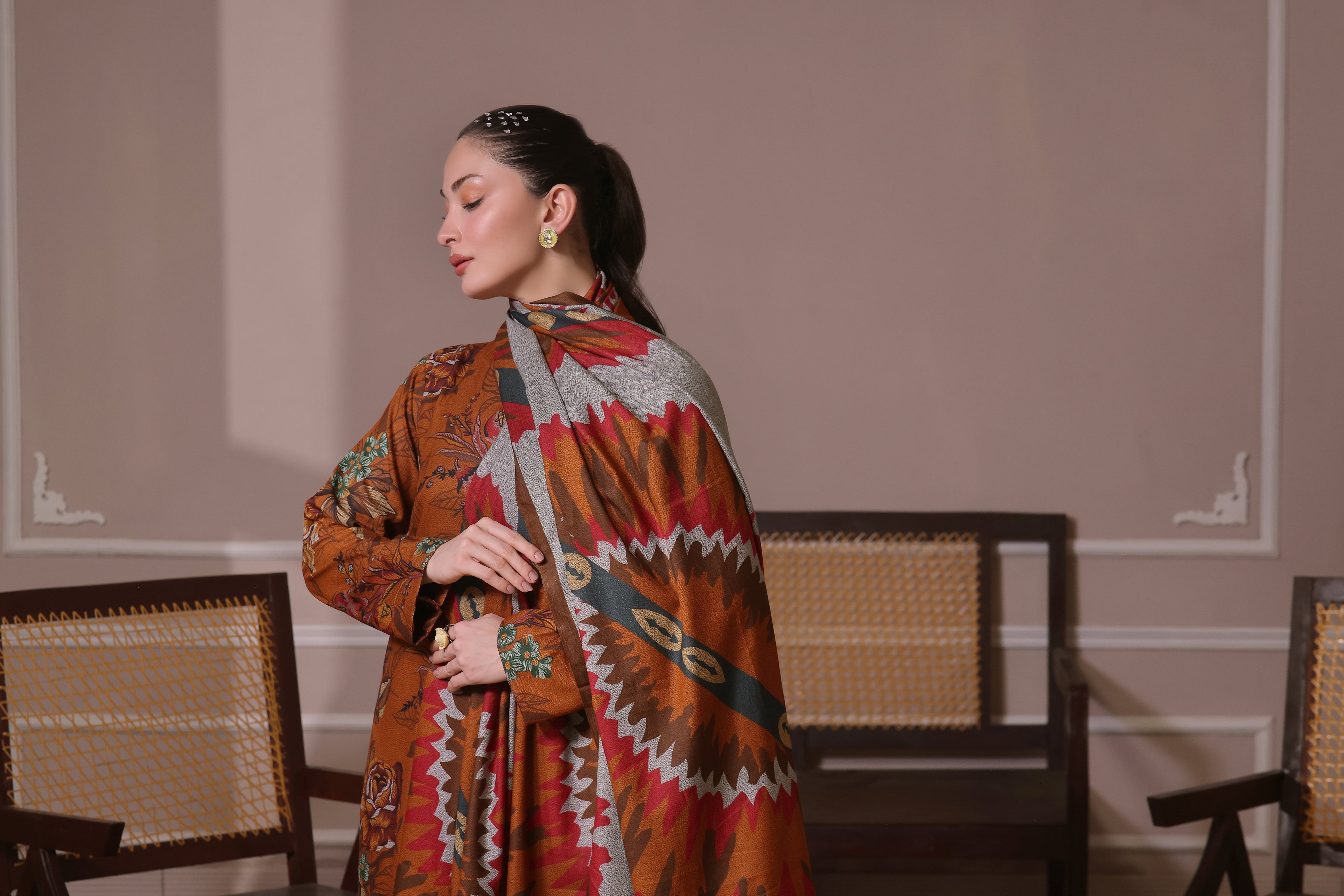 STITCHED 3PC DHANAK PRINTED WITH PRINTED SHAWL- EMERALD ISLE