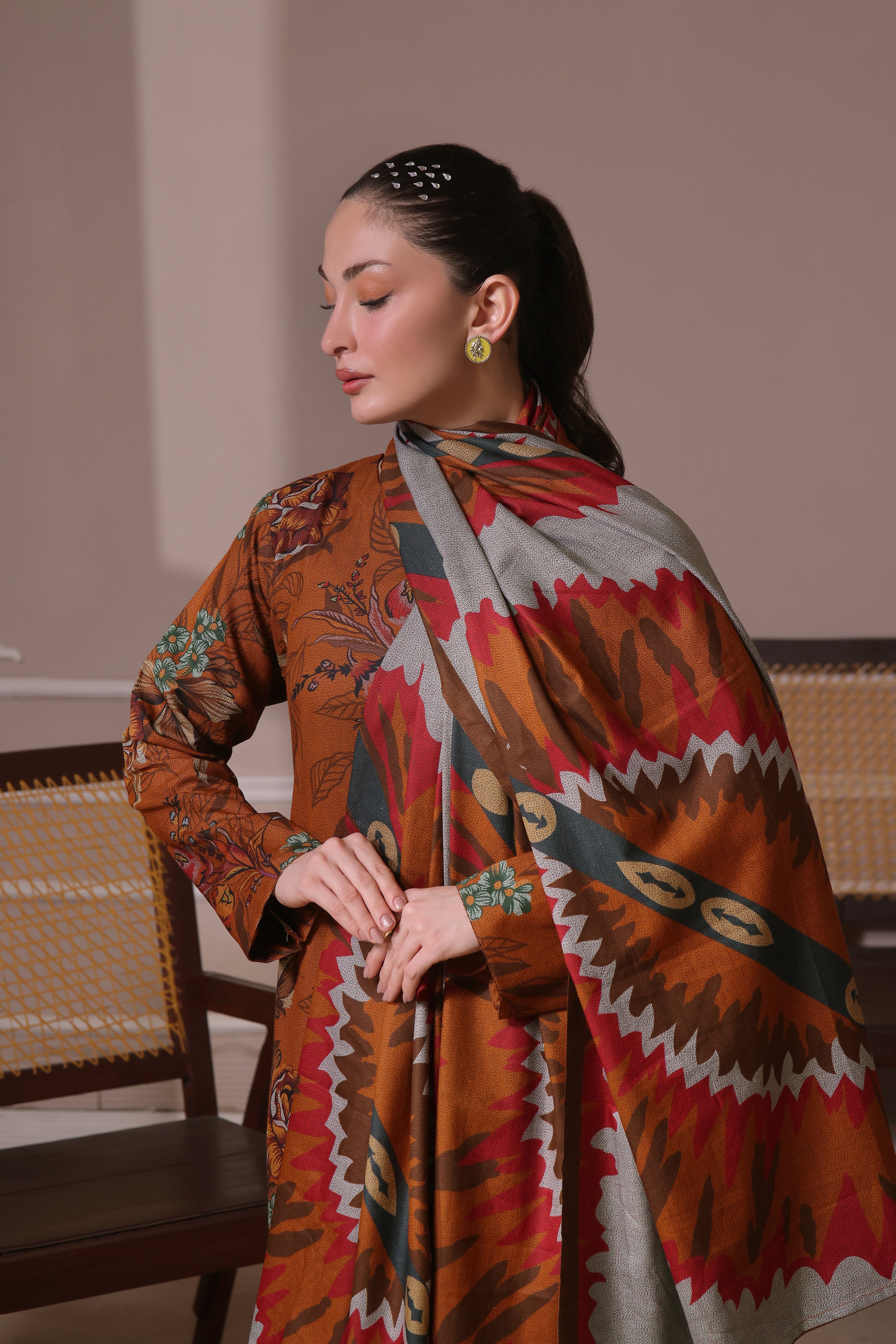 STITCHED 3PC DHANAK PRINTED WITH PRINTED SHAWL- EMERALD ISLE