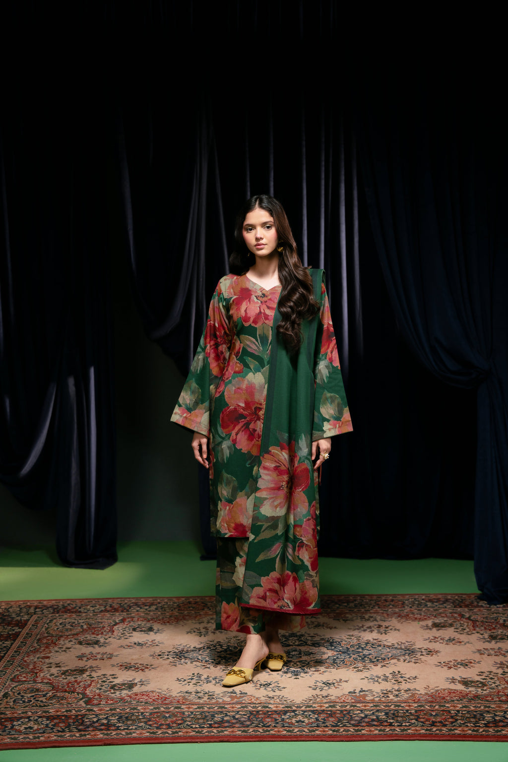 STITCHED 3PC DHANAK PRINTED WITH PRINTED SHAWL- NAZNEEN