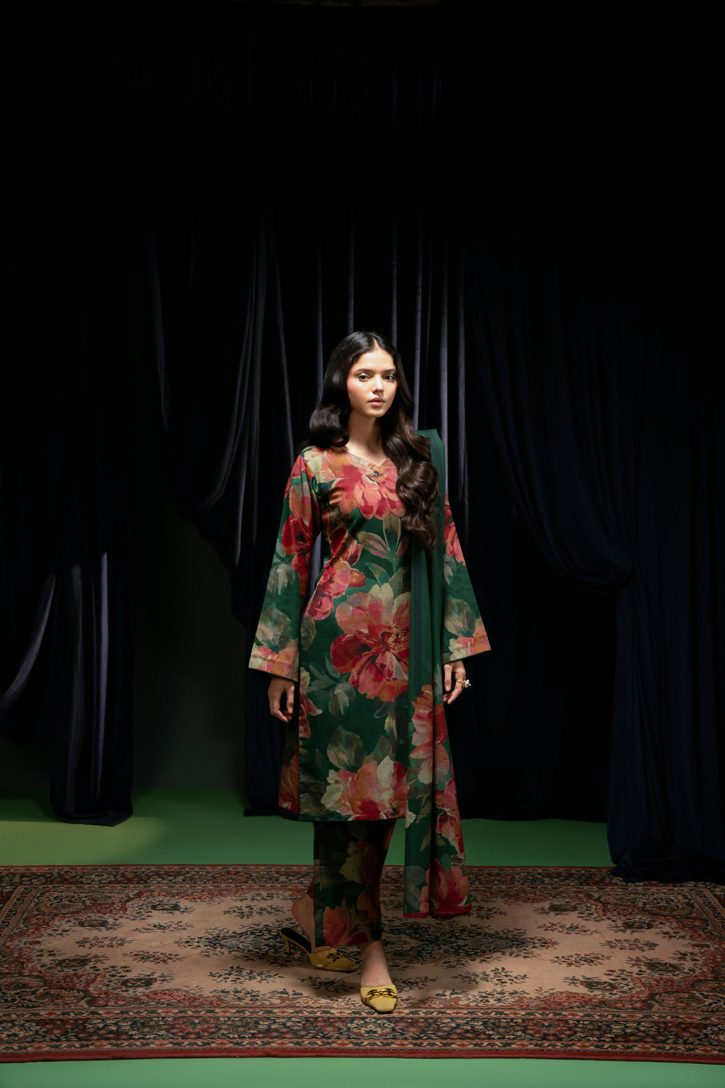 STITCHED 3PC DHANAK PRINTED WITH PRINTED SHAWL- NAZNEEN