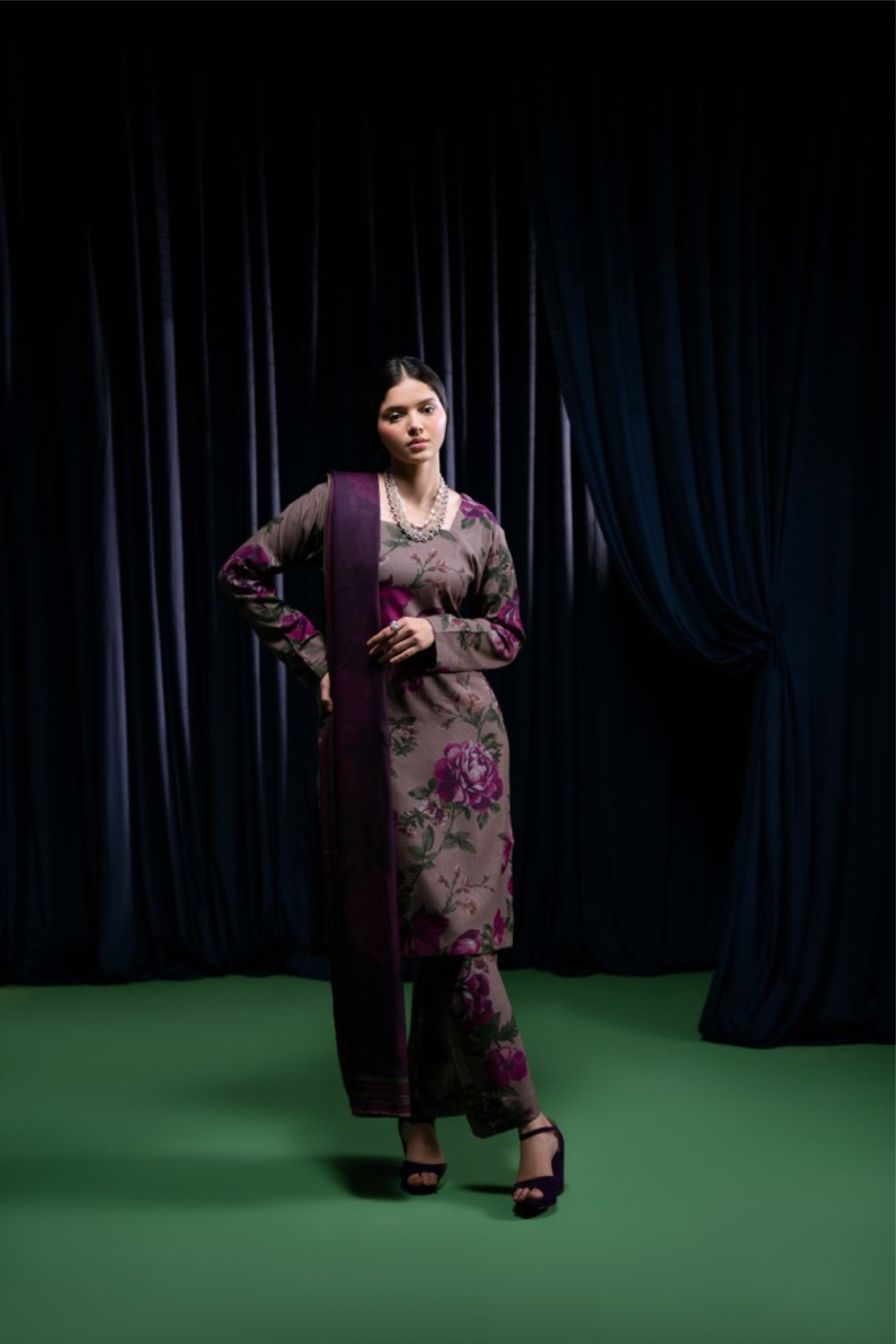STITCHED 3PC DHANAK PRINTED WITH PRINTED SHAWL-  SHIREEN
