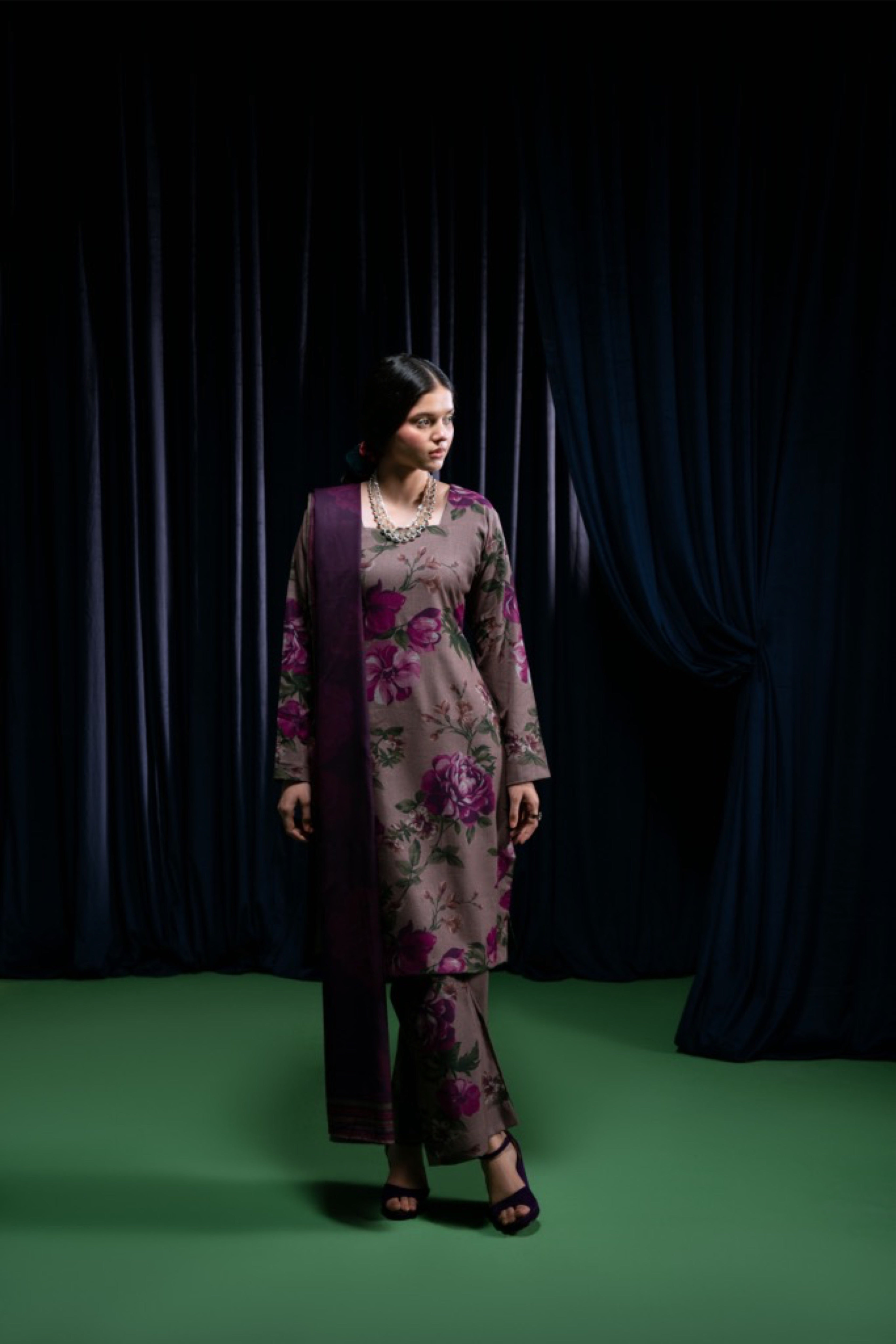 STITCHED 3PC DHANAK PRINTED WITH PRINTED SHAWL-  SHIREEN