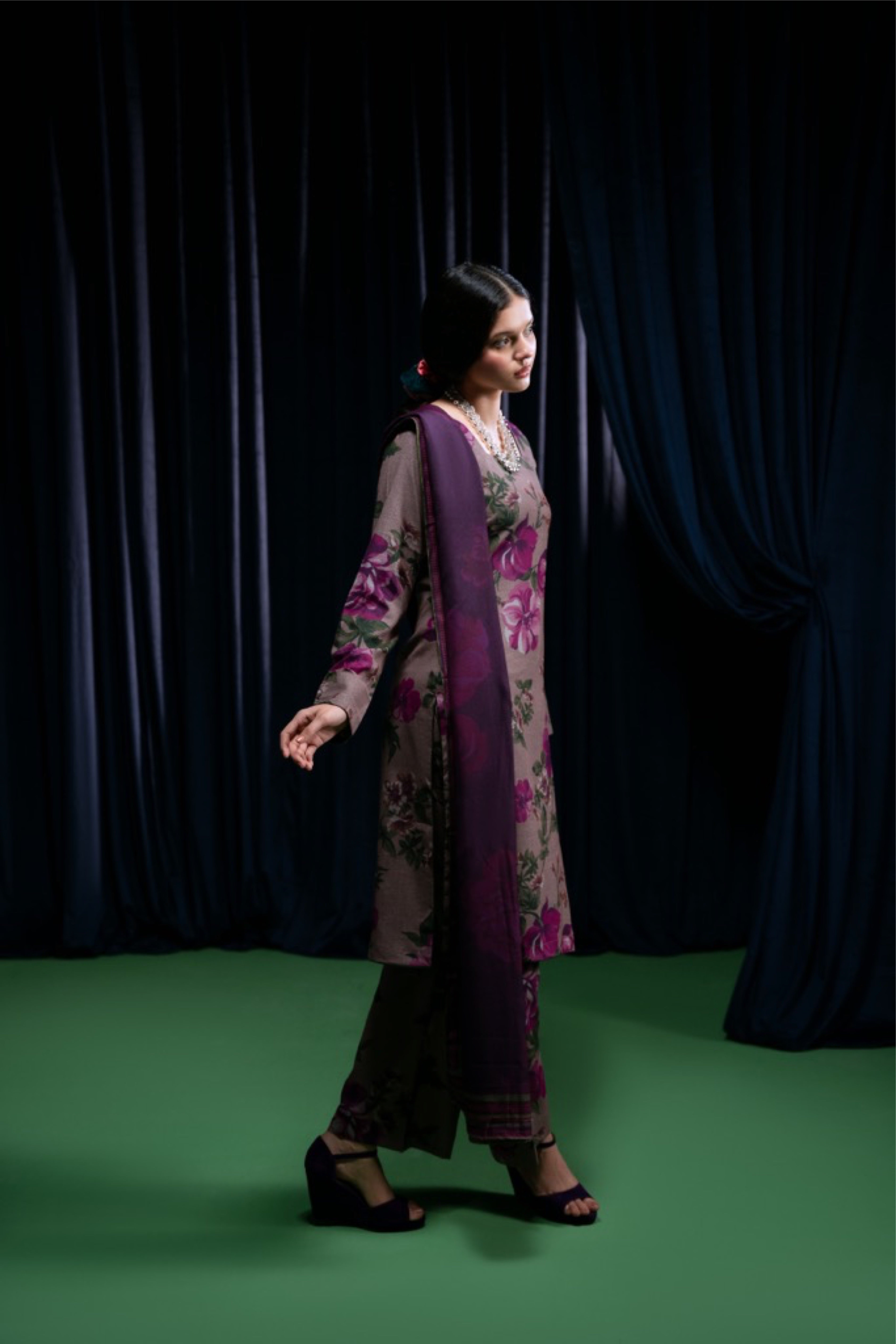 STITCHED 3PC DHANAK PRINTED WITH PRINTED SHAWL-  SHIREEN