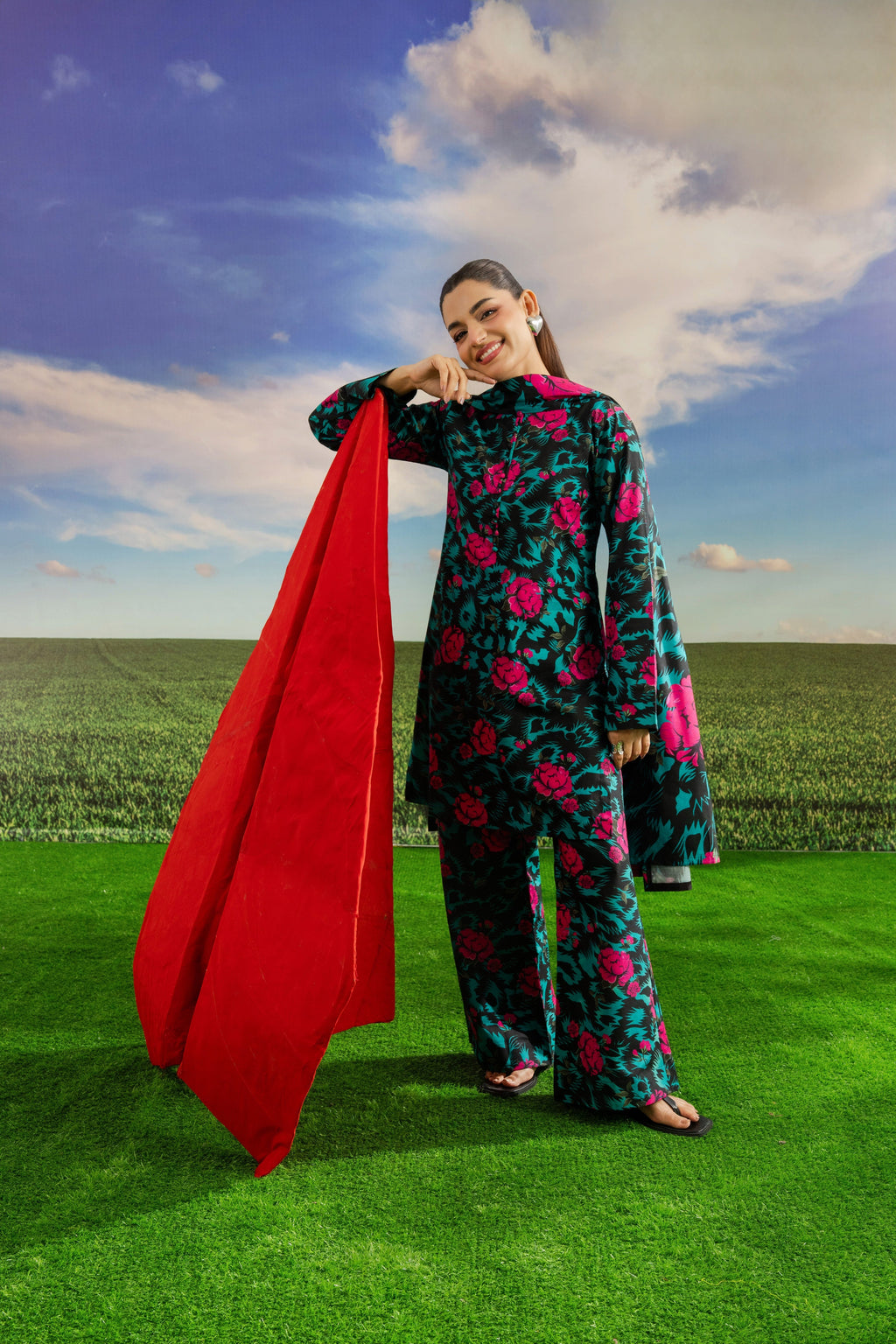 STITCHED 3PC KHADDAR PRINTED WITH PRINTED SHAWL-   DORINE