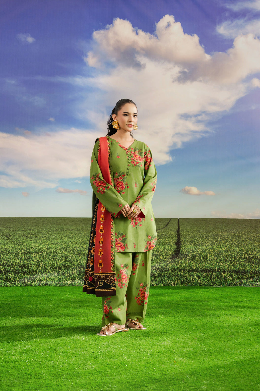 STITCHED 3PC KHADDAR PRINTED WITH PRINTED SHAWL-   ELORIA