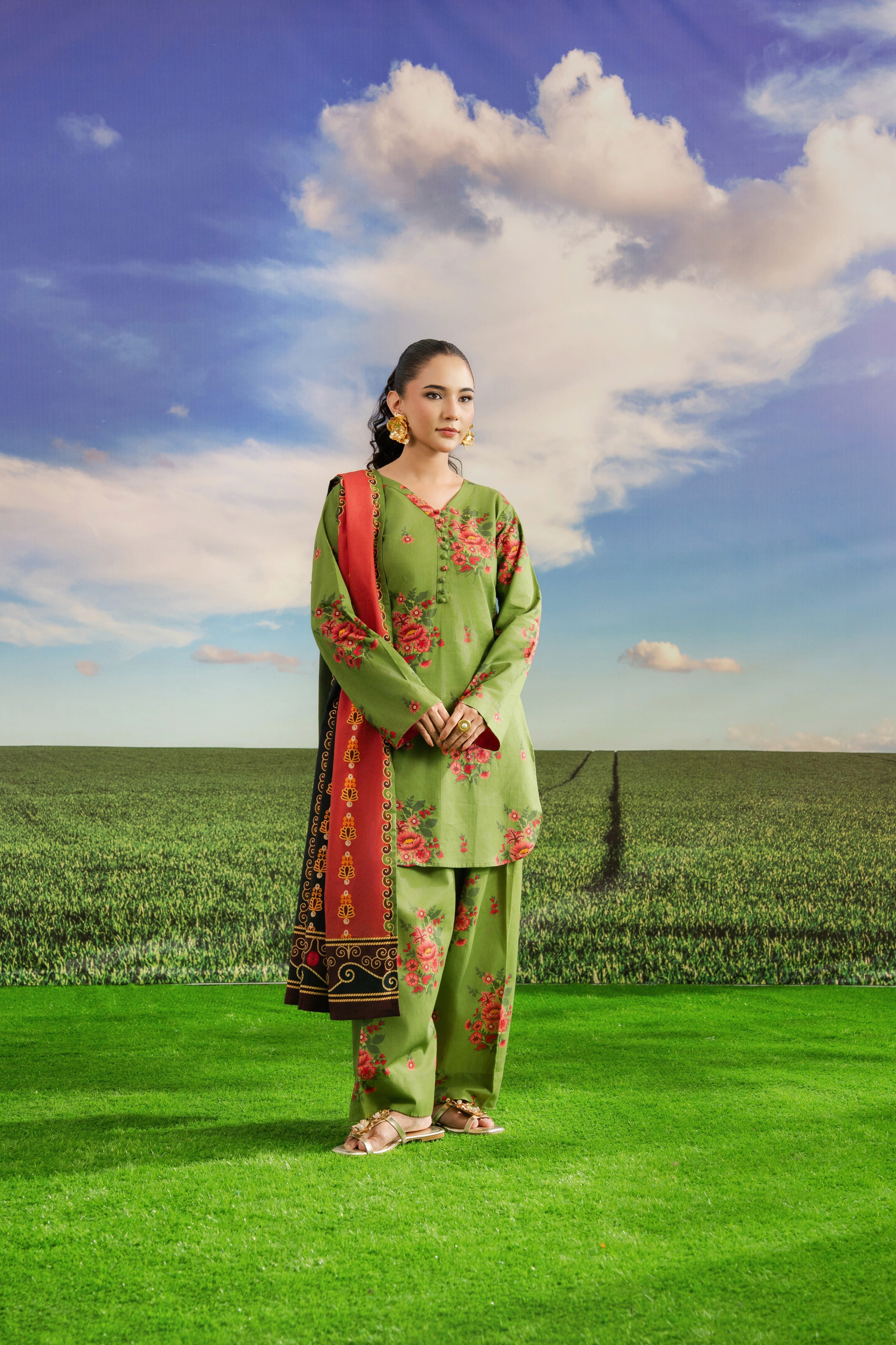 STITCHED 3PC KHADDAR PRINTED WITH PRINTED SHAWL-   ELORIA