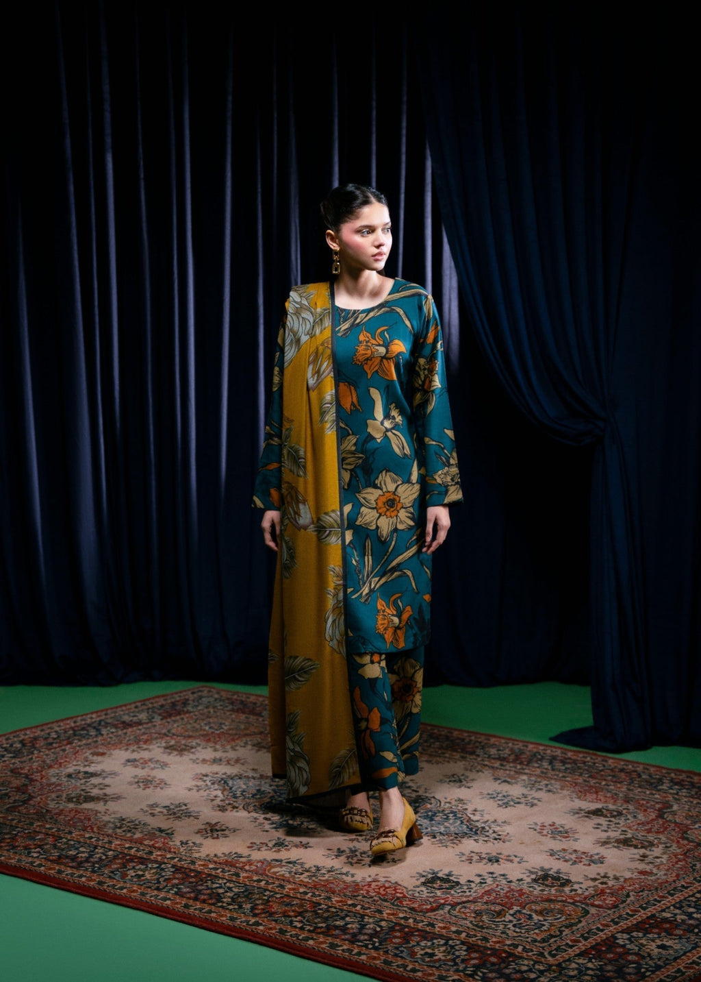 STITCHED 3PC DHANAK PRINTED WITH PRINTED SHAWL-   RUKHSAR