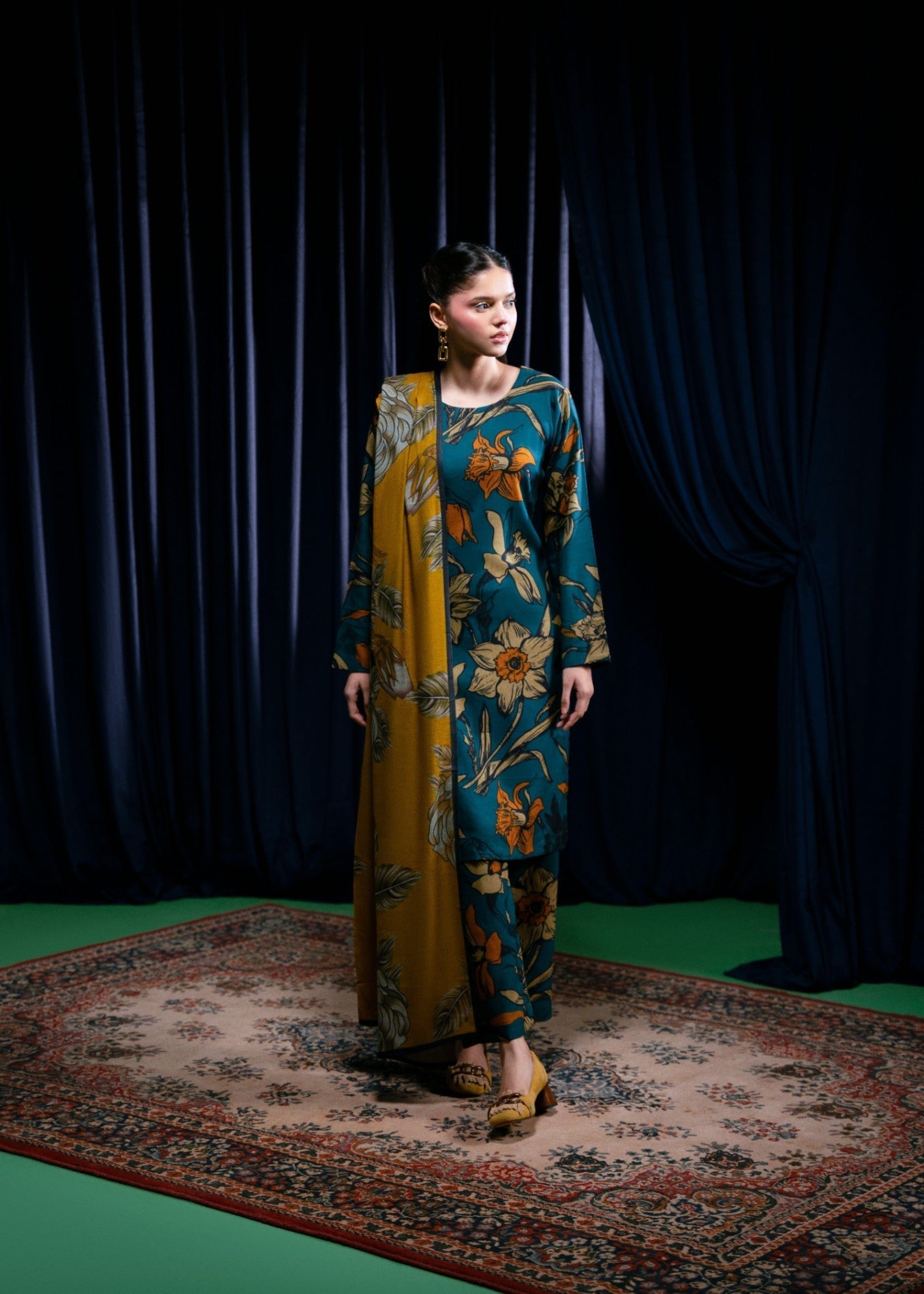 STITCHED 3PC DHANAK PRINTED WITH PRINTED SHAWL-   RUKHSAR