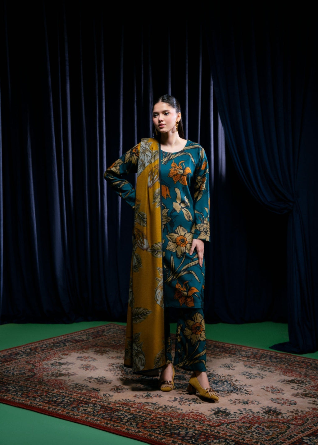 STITCHED 3PC DHANAK PRINTED WITH PRINTED SHAWL-   RUKHSAR