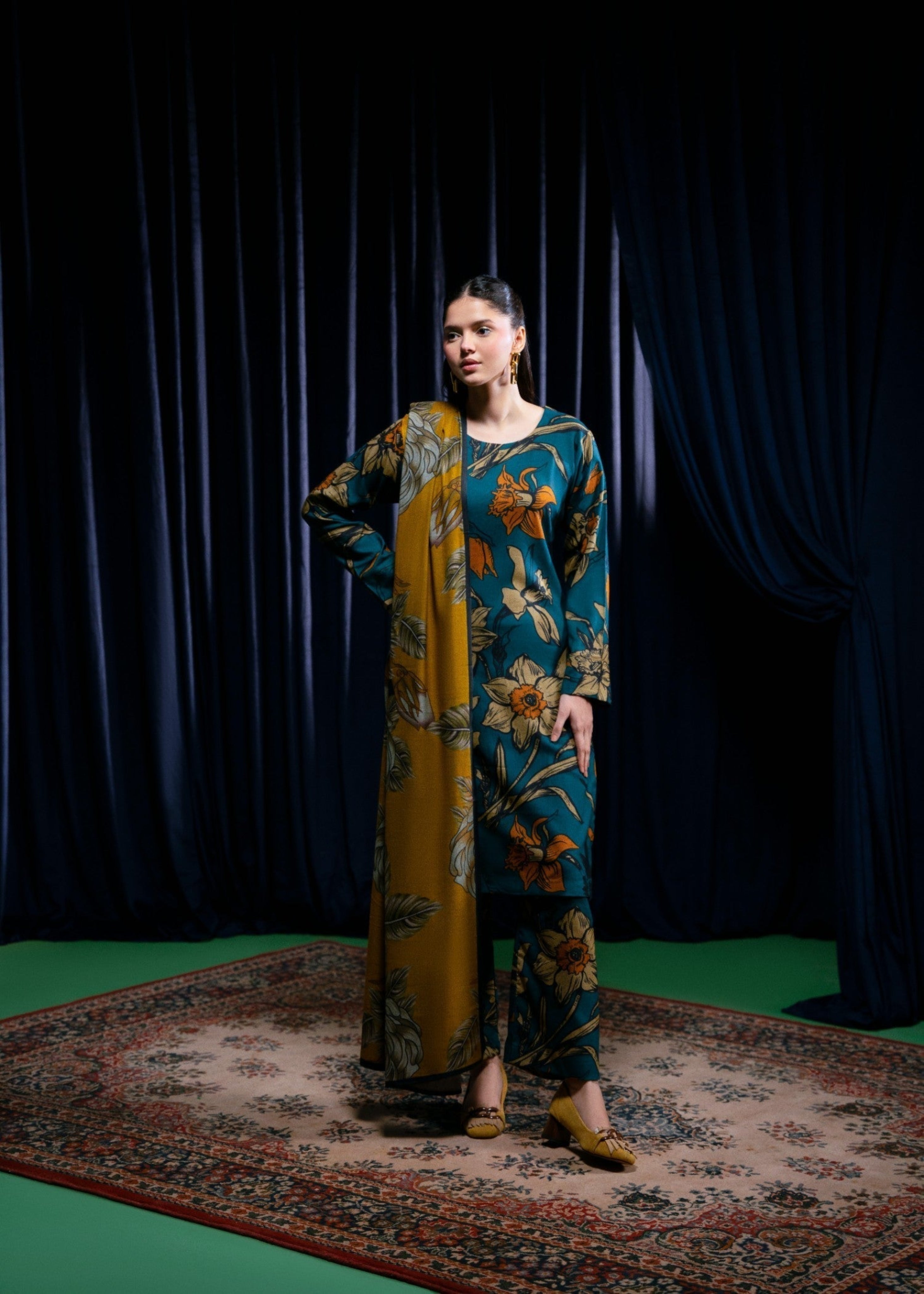 STITCHED 3PC DHANAK PRINTED WITH PRINTED SHAWL-   RUKHSAR