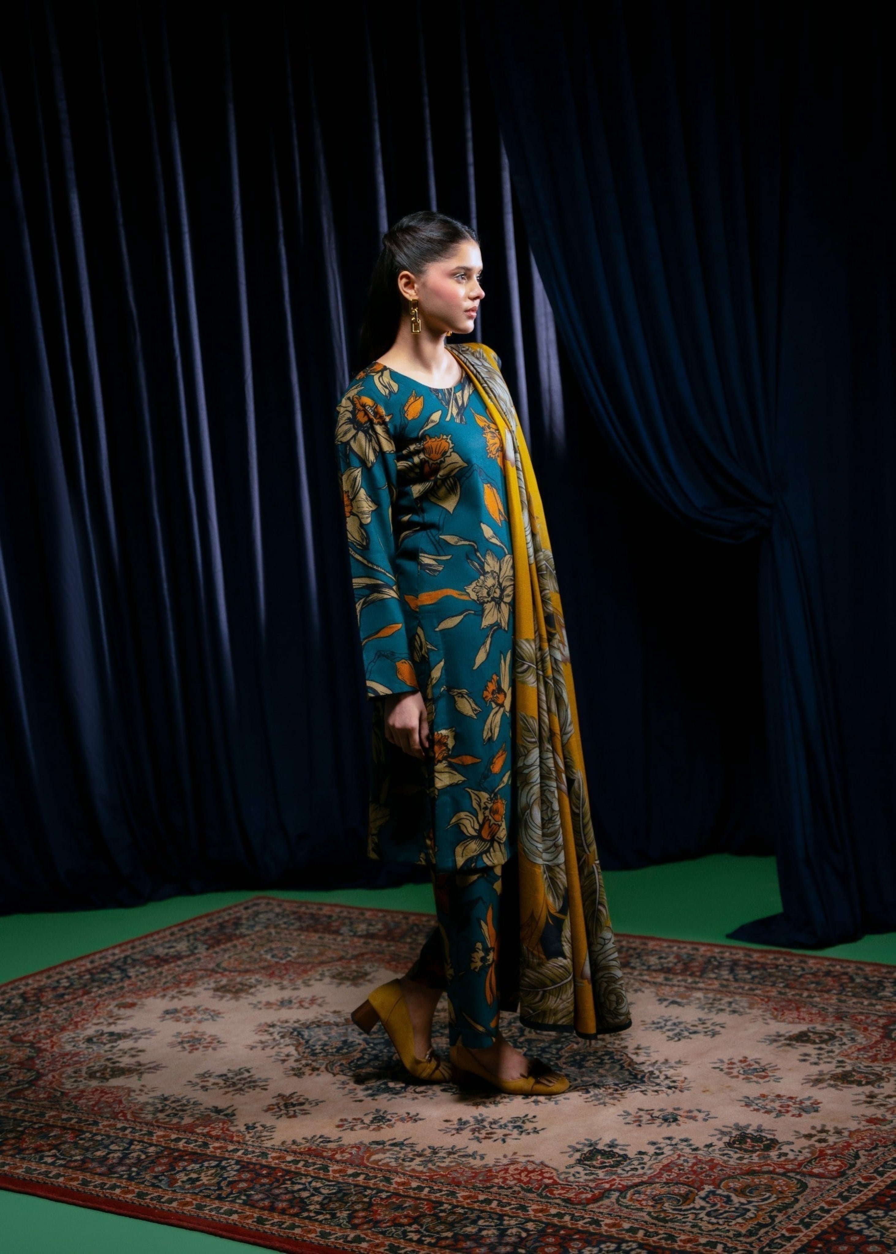 STITCHED 3PC DHANAK PRINTED WITH PRINTED SHAWL-   RUKHSAR